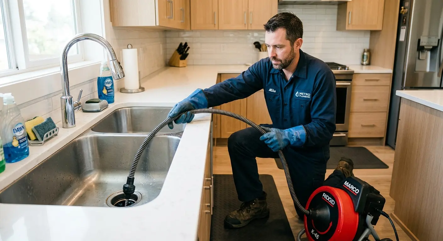 Drain cleaning technician using a motorized snake on a kitchen sink in Hazlet