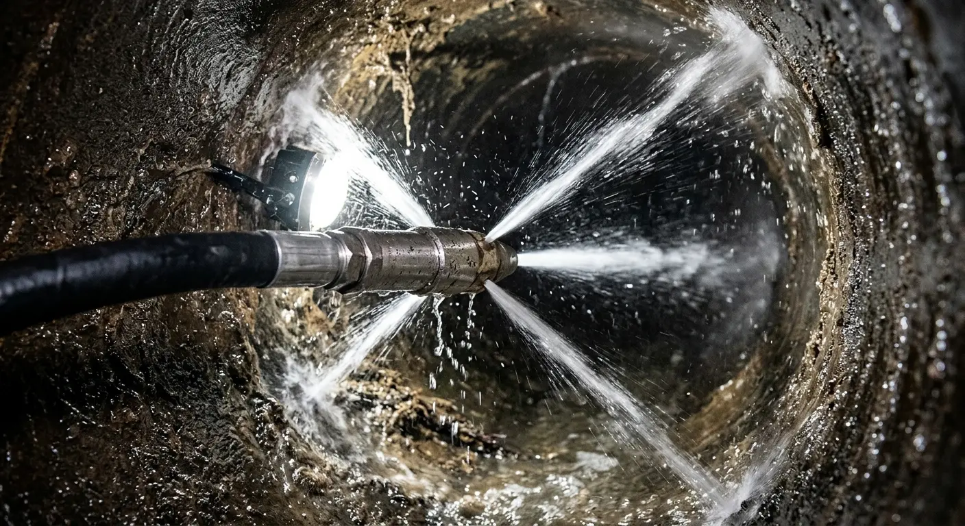 High-pressure hydro jetting nozzle cleaning sewer pipe for Storm Drain Cleaning in Hazlet