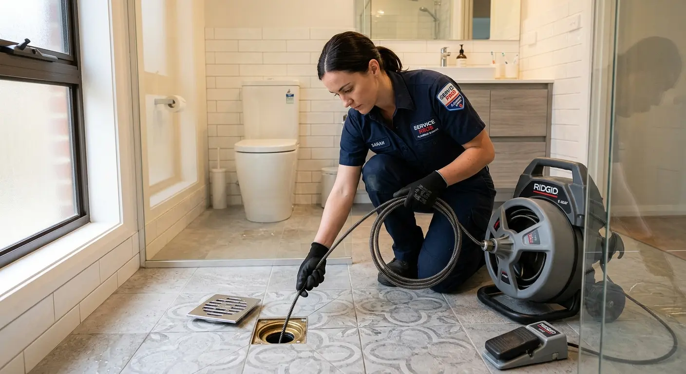Technician clearing a bathroom floor drain for Drain Cleaning in Hazlet